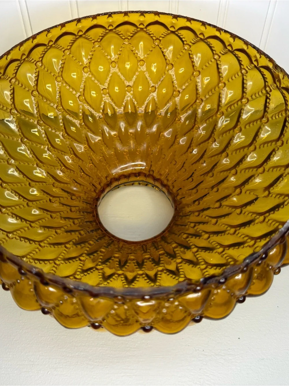 VTG Large 10” Fitter Amber Glass Hurricane Lamp Shade Diamond Quilted Ruffle